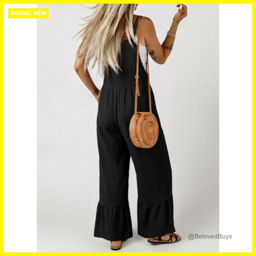 Lace Overalls Jumpsuit Wide Leg Ruffle Pants Pockets Summer Casual - Picture 3 of 4